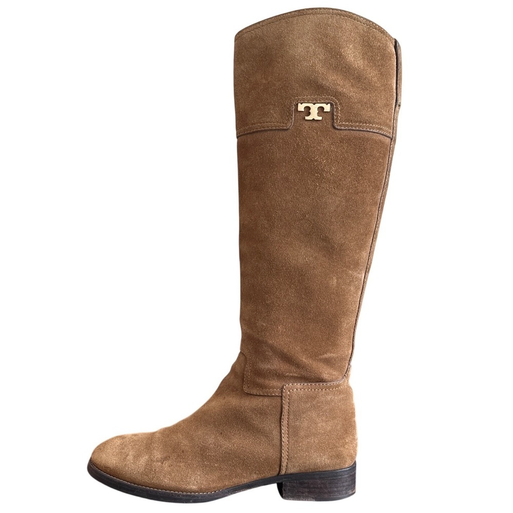 Tory Burch Wembley Suede Riding Boots Tan Tobacco Brown Gold Logo Size 8